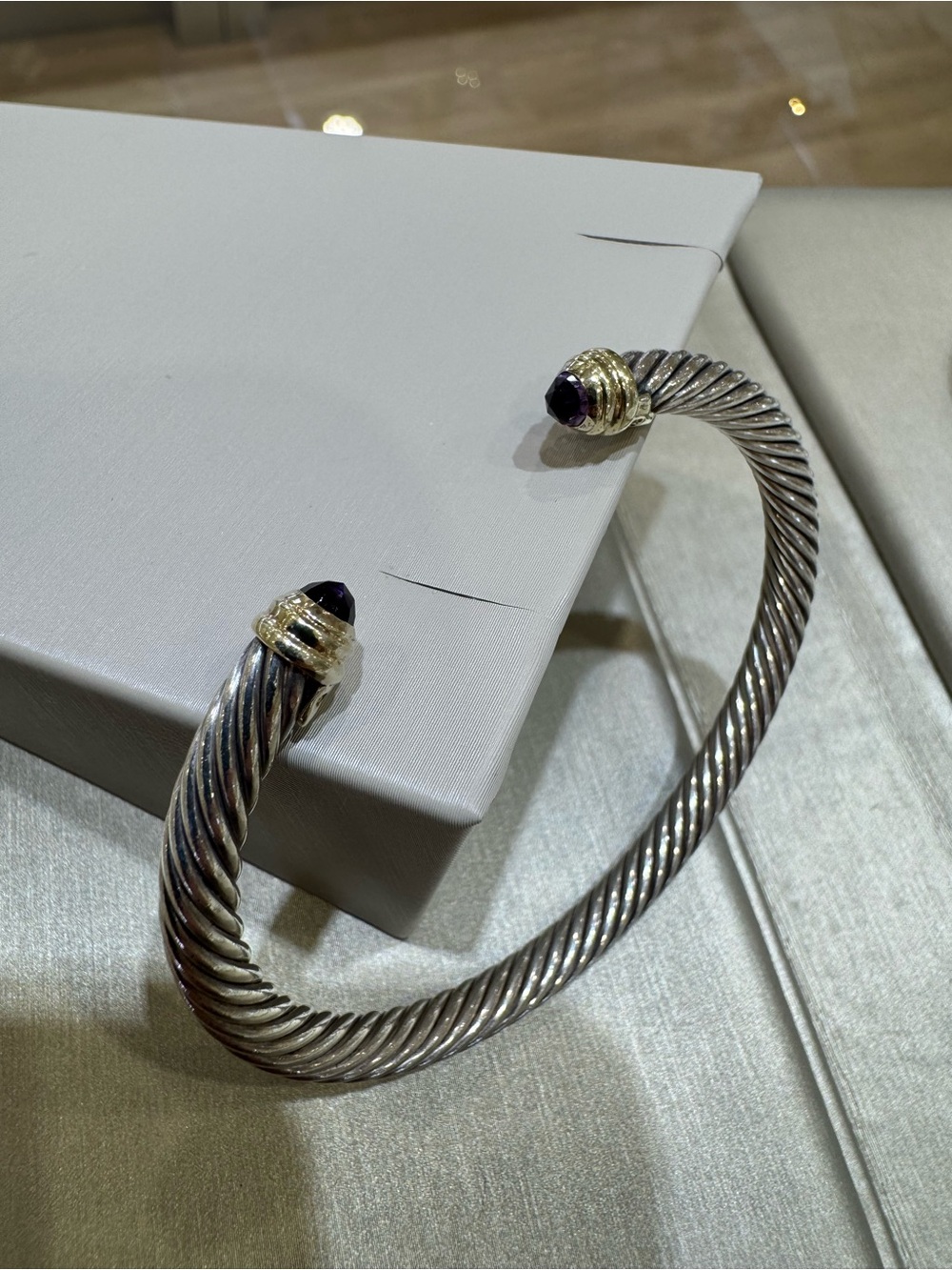 David Yurman SilverCable Cuff Bracelet with Gold Accents and Amethyst End Caps